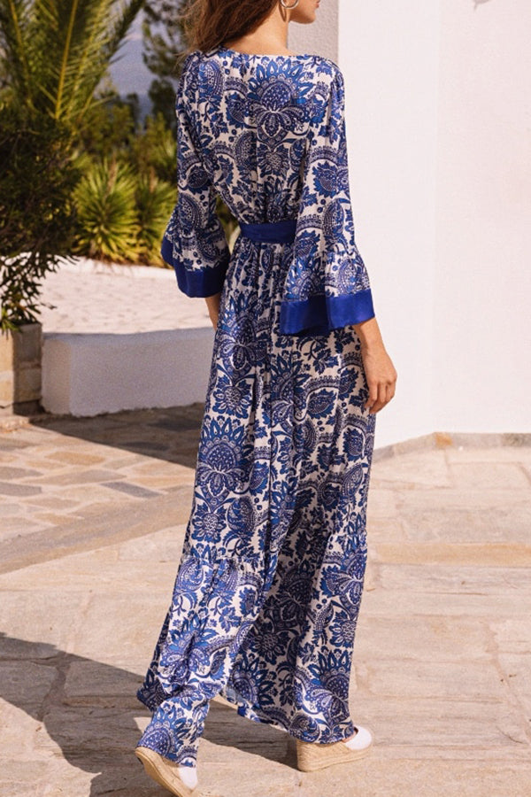 Greek Island Satin Unique Floral Print Tassel Belted Wrap Maxi Dress