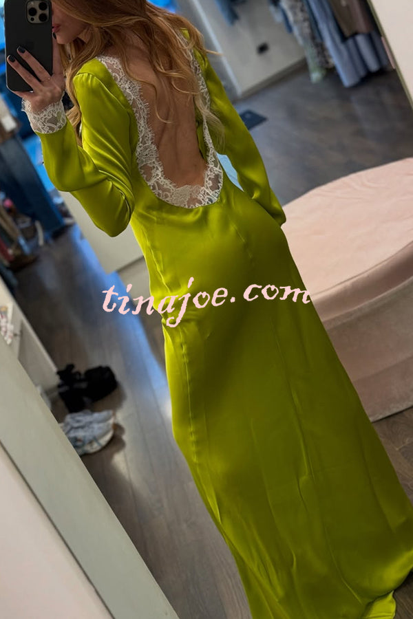 Mystic Moment Satin Lace Trim Long Sleeve Backless Maxi Dress
