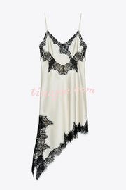 Satin Lace Trim V-neck Asymmetrical Hem Slip Mini Dress