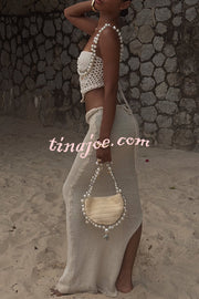 Mirina Hollow Crochet Knit Pearl Trim Heart Collar Crop Vacation Tank