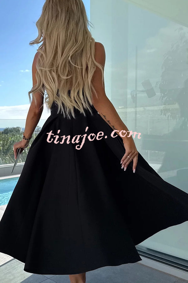 Sweet Cascade Solid Color Off Shoulder Pocket Full Hem Midi Dress
