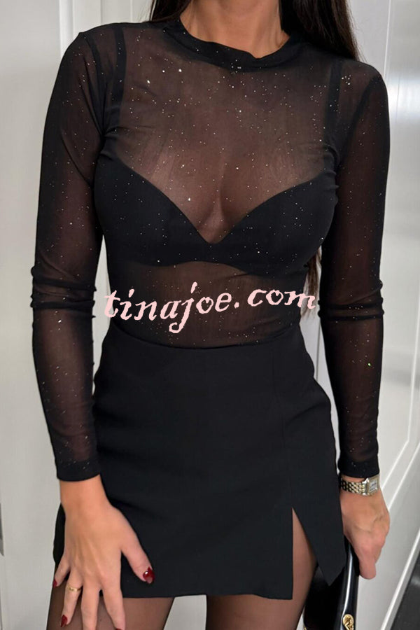 Feeling Flirty Mesh Glitter Fabric Long Sleeve Stretch Bodysuit