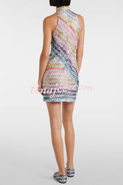 Whimsical Moment Knit Colorful Zigzag Pattern High Neck Sleeveless Mini Dress