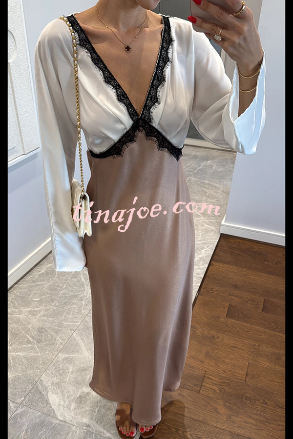 Lainei Contrast Color Satin Lace Trim V-neck Long Sleeve Maxi Dress