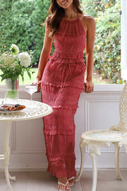 Feel Chic and Romantic Sequin Textured Material Drawstring Waist Tiered Maxi Skirt