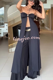 Stellah Golden Details Front Slit Midi Tube Top and Elastic Waist Wide Leg Pants Set