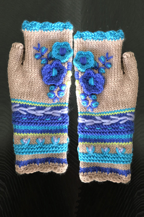 Flower Embroidered Knitted Warm Gloves