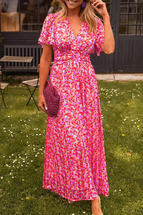 Floral Print V-Neck Short Sleeve Waist Maxi Dress