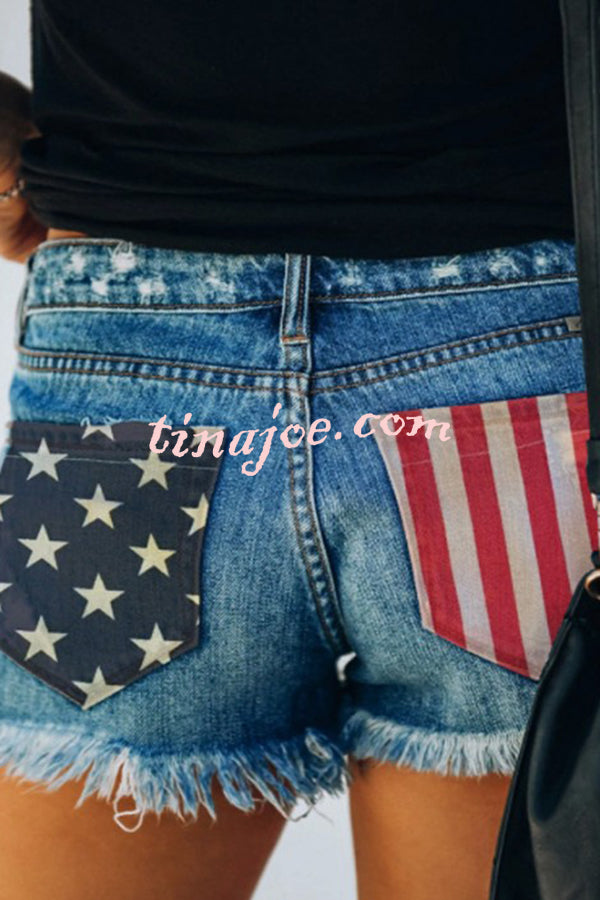 Independence Day American Flag Print Bottom Tassel Denim Pocket Shorts