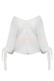 Joyful Bond Linen Blend V-neck Knotted Cuff Half Sleeve Loose Top