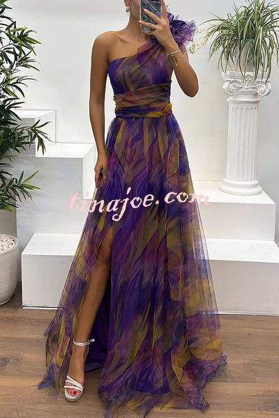 Charming Embrace Tulle Floral Pleated One Shoulder Slit Maxi Dress