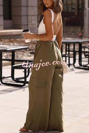 Great Week Pleated Elastic Waist Zipper Pocket Wide Leg Cargo Pants