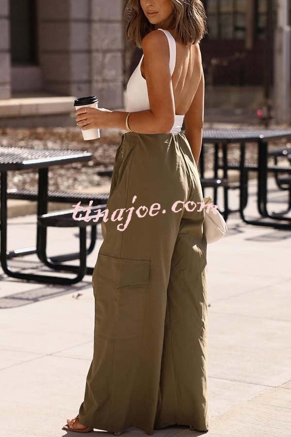 Great Week Pleated Elastic Waist Zipper Pocket Wide Leg Cargo Pants
