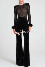 Monique Fish Scale Lace Sequin Velvet Patchwork Feather Trim Belted Stretch Flare Jumpsuit