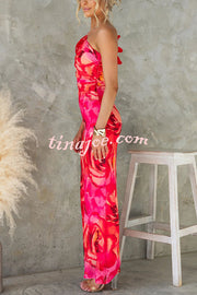 Floral Print Sleeveless 3D Flower One Shoulder Slim Maxi Dress