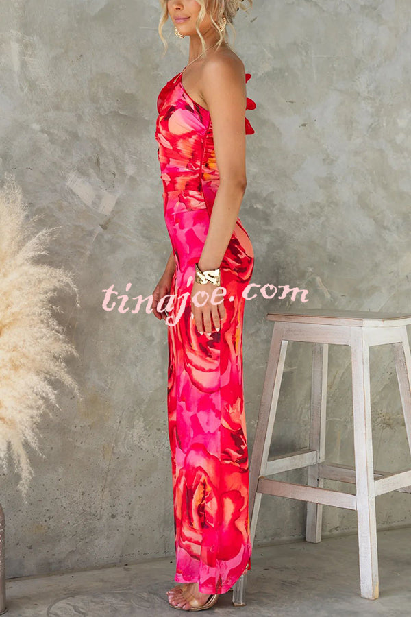 Floral Print Sleeveless 3D Flower One Shoulder Slim Maxi Dress