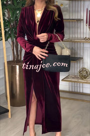 Creating Romance Velvet Ruched Drape Long Sleeve Stretch Maxi Dress