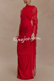 Fashionable Mesh Shawl Sleeveless Slim Fit Pleated Maxi Dress