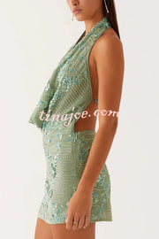 Looking Amazing Sequin Beaded Material Cowl Neck Backless Mini Dress