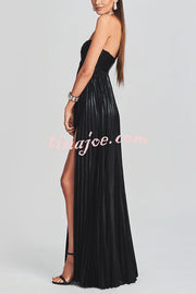 Metallic Sexy Tube Top Pleated High Slit Maxi Dress