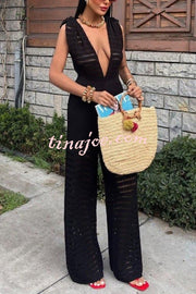 Solid Color Knitted V-neck Holiday Hollow Casual Jumpsuit