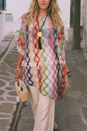 Sun Washed Knit Colorful Zigzag Pattern Asymmetric Hem Loose Cover-ups Kaftan