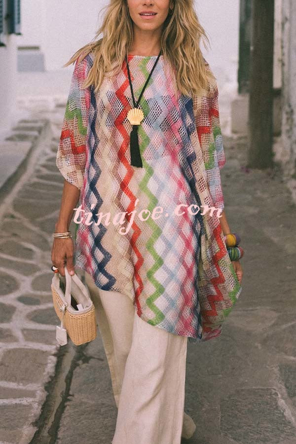 Sun Washed Knit Colorful Zigzag Pattern Asymmetric Hem Loose Cover-ups Kaftan