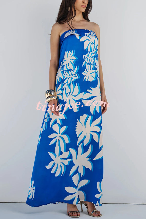 Fashion Vacation Satin Unique Print Off Shoulder Maxi Dress