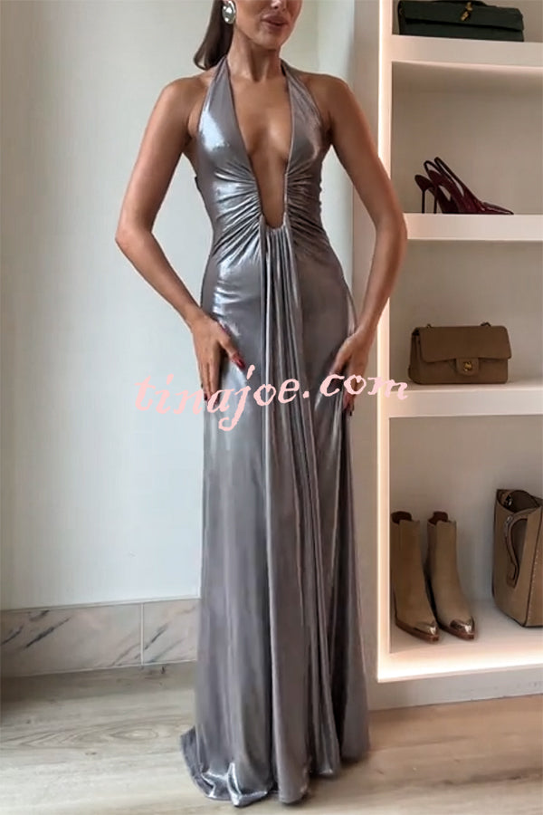 Sexy Silhouette Metallic Fabric Deep U-neck Halter Waterfall Sash Drape Maxi Dress