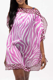 Leopard Mixed Zebra Unique Print One Shoulder Button Detail Loose Cover-up Mini Dress