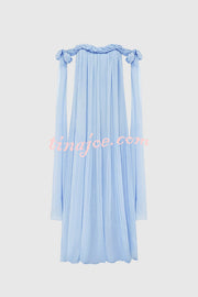 Fairy Spirit Tulle Braided Neckline Tie Arm Straps Pleated Maxi Dress