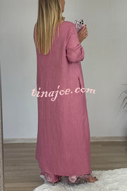 Linen Blend Crew Neck Long Sleeve Irregular Loose Top and Elastic Waist Floral Print Casual Pocket Set