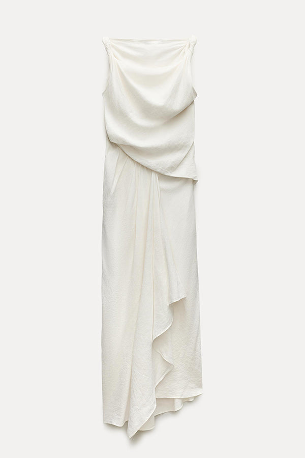 Sculptural Effect Linen Blend Twisted Shoulder Strap Drape Maxi Dress