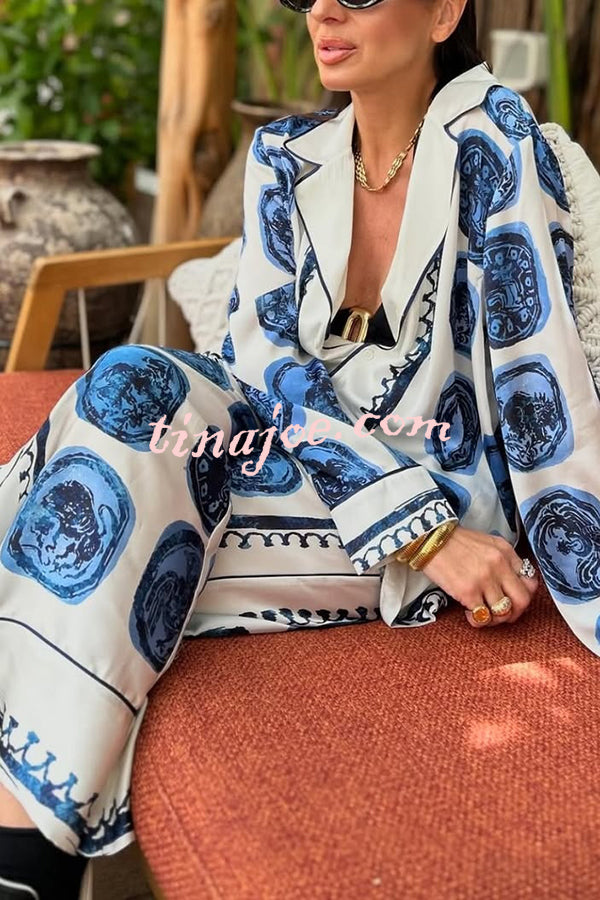 Unique Print Lapel Long Sleeve Shirt and Elastic Waist Wide Leg Pants Set