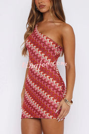 Playful Colorful Knitted Slim-fitting Offset Neck Stretch Mini Dress