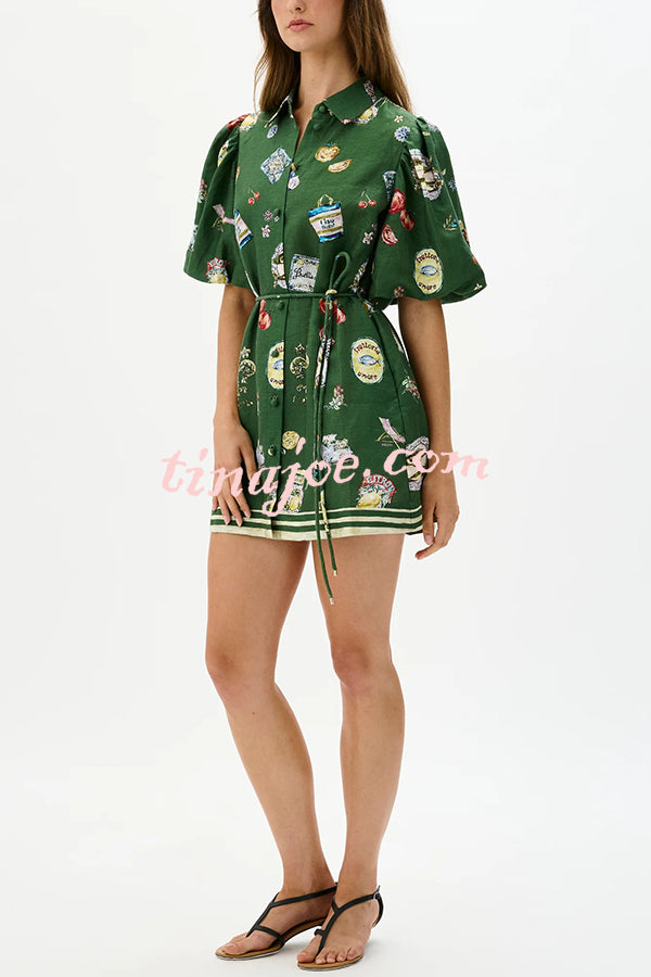 Linen Blend Unique Print Puff Sleeve Casual Mini Dress