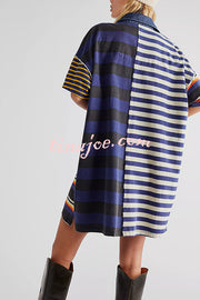 Contrast Striped Patchwork Denim Lapel Loose Casual Mini Dress