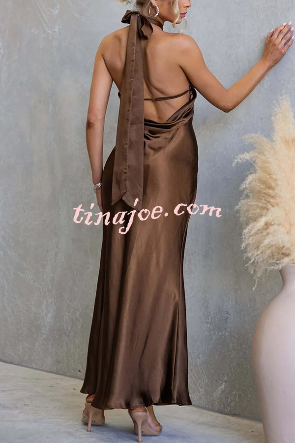 Satin Fashion Halter Backless Slim Elegant Maxi Dress
