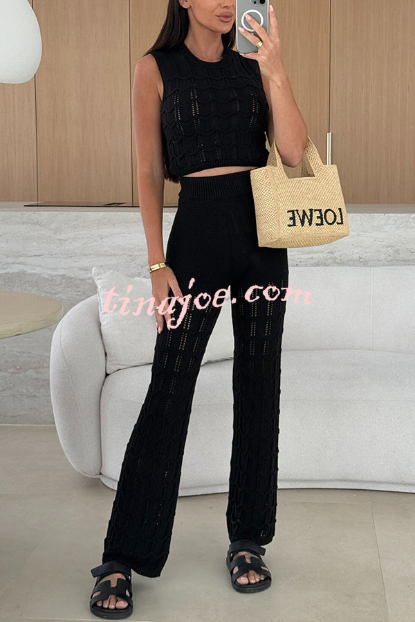 Solid Color Hollow Sleeveless Round Neck Knitted Vest and Stretch Casual Straight Pants Set