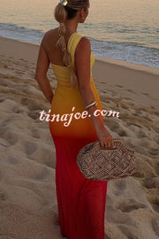 Dreamy Sunset Mesh Ombre Print One Shoulder Cutout Stretch Maxi Dress