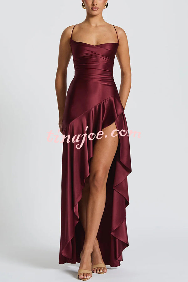 Solid Color Sexy Backless Lace-up Irregular Ruffled Maxi Dress