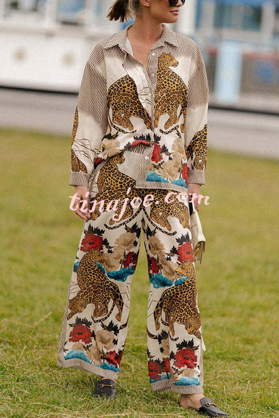 Exotic Leopard Flower Patchwork Print Elastic Waist Pocket Wide Leg Pants