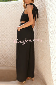 Solid Color Resort Style Halter Neck Waist Pocket Wide Leg Jumpsuit