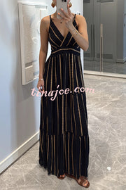 Striped Printed Suspender V-Neck Full Hem Loose Holiday Maxi Dress