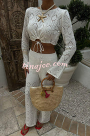 Solid Color Hollow Short Long-sleeved Top and Casual Stretch Wide-leg Pants Knitted Set
