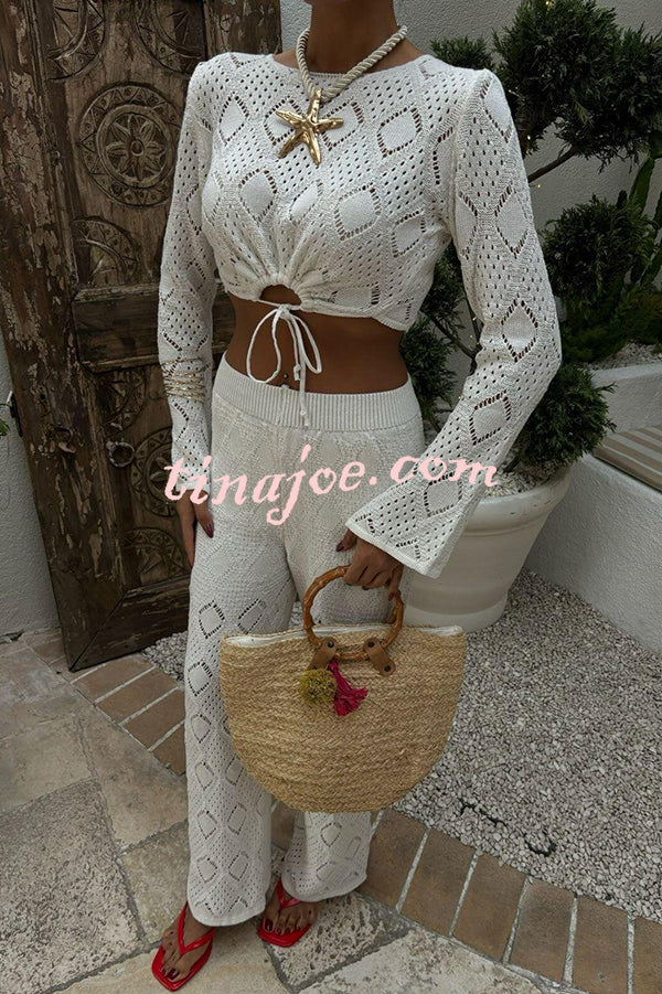 Solid Color Hollow Short Long-sleeved Top and Casual Stretch Wide-leg Pants Knitted Set
