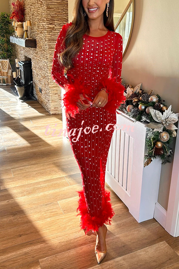 Sexy Long Sleeve Round Neck Feather Edge Rhinestone Decoration Slim Fit Maxi Dress