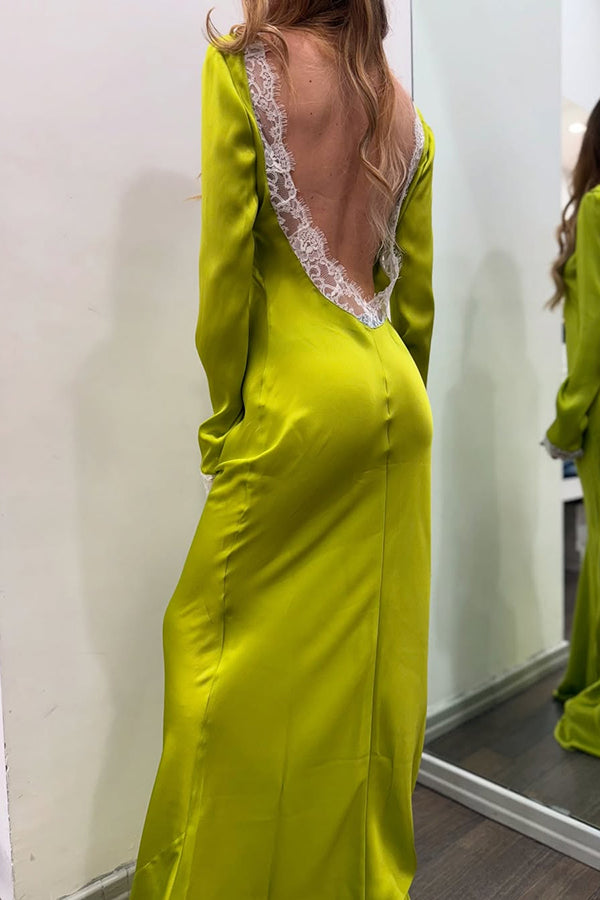 Mystic Moment Satin Lace Trim Long Sleeve Backless Maxi Dress