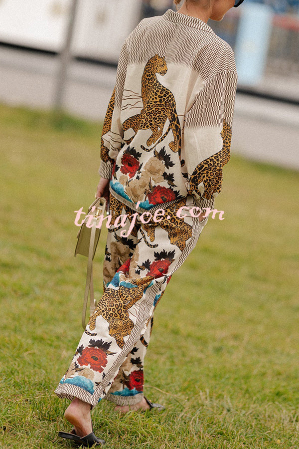 Exotic Leopard Flower Patchwork Print Elastic Waist Pocket Wide Leg Pants