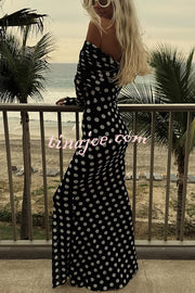 Chic Statement Polka Dot Print Off Shoulder Ruched Stretch Maxi Dress